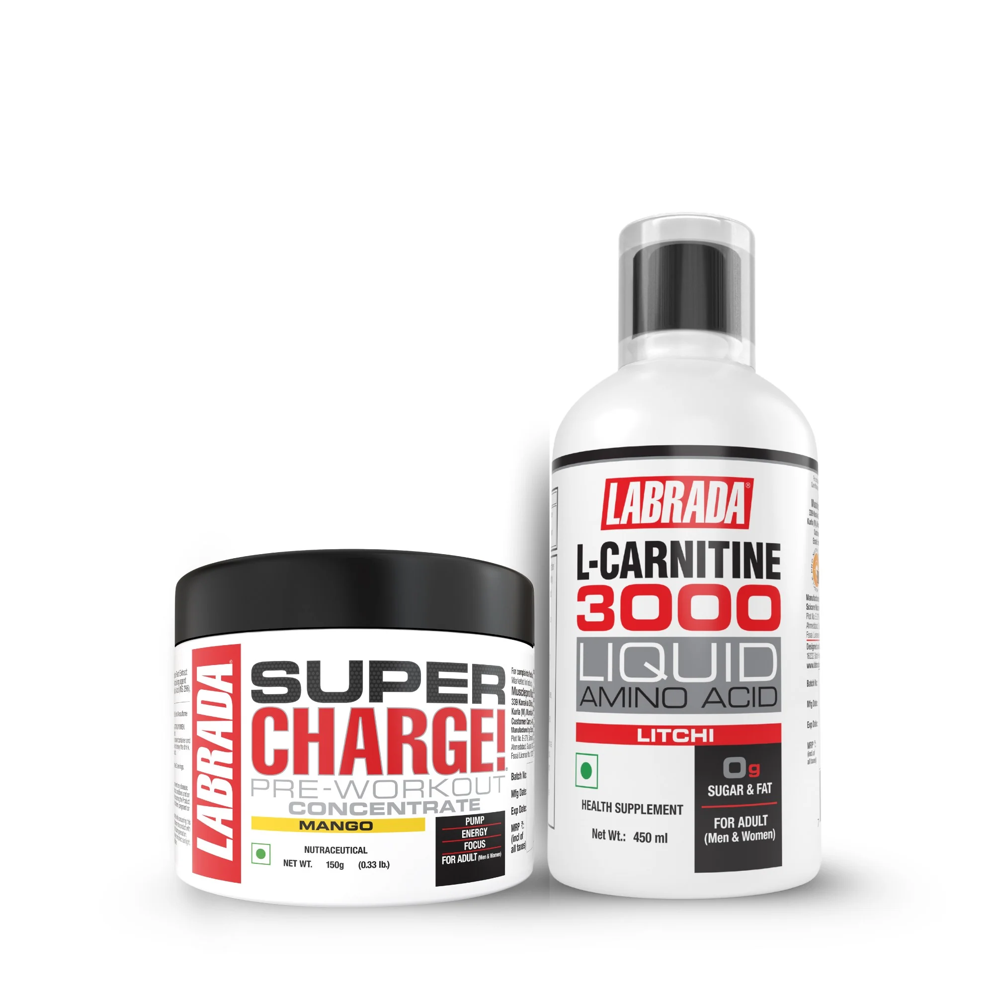 Labrada L-Carnitine 450ml (3000mg) Litchi Flavor + Super Charge Pre-Workout Concentrate 150g - Image 3